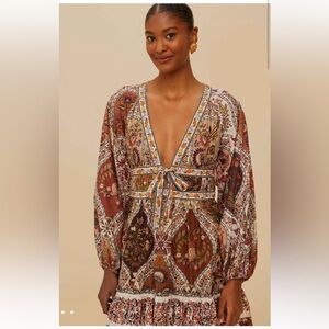 FARM Rio Rust Multi Floral Deep-V Tie-Waist Maxi Dress